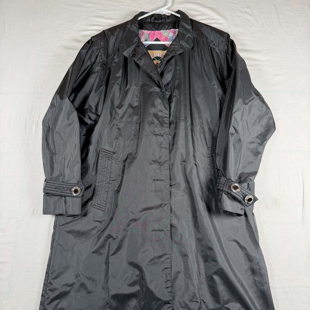 Vintage 80s 90s Black Waterproof Trench Coat Floral Lined Long Rain Jacket Women